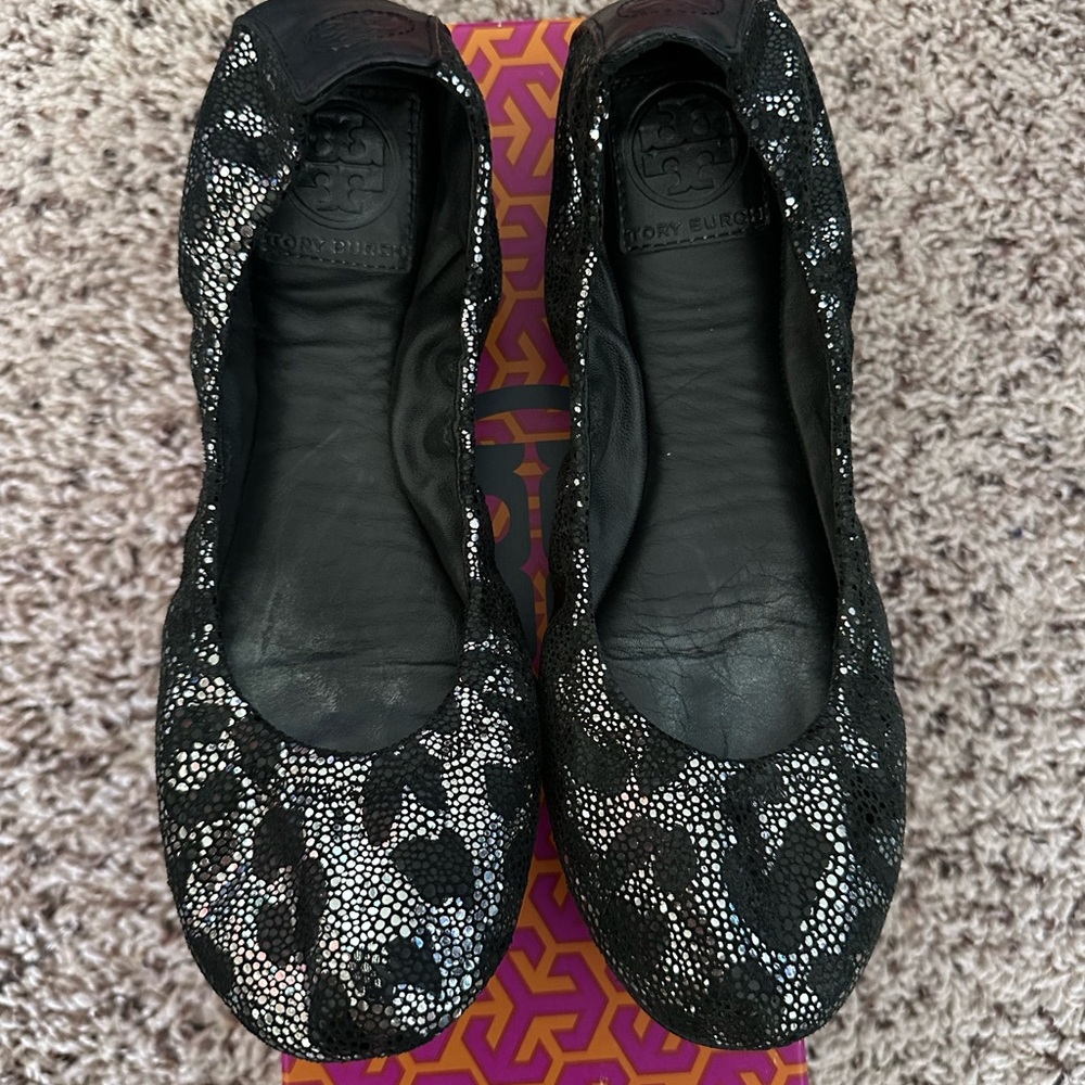 Tory Burch Black and Silver Metallic Leopard Print
